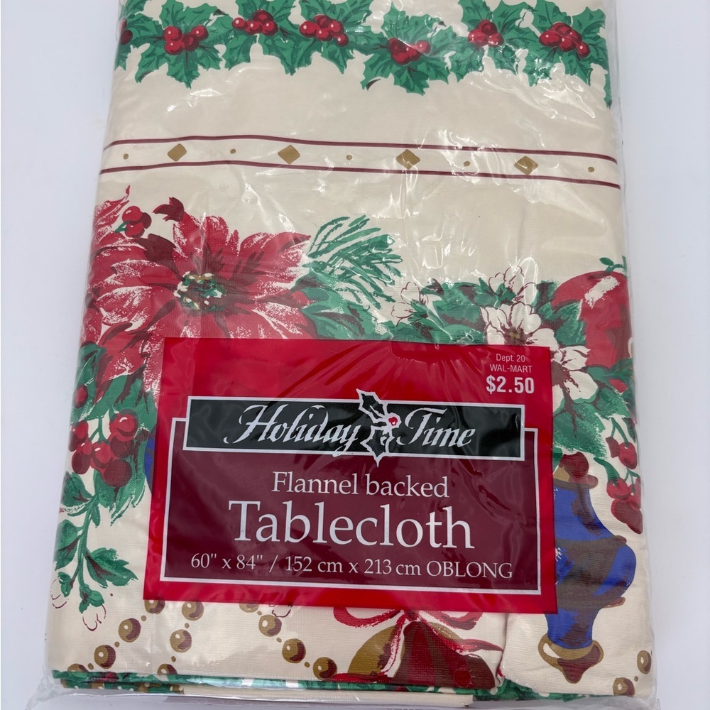 New Old Stock Vintage Holiday Time Poinsettia and Holly Flannel-Back Tablecloth